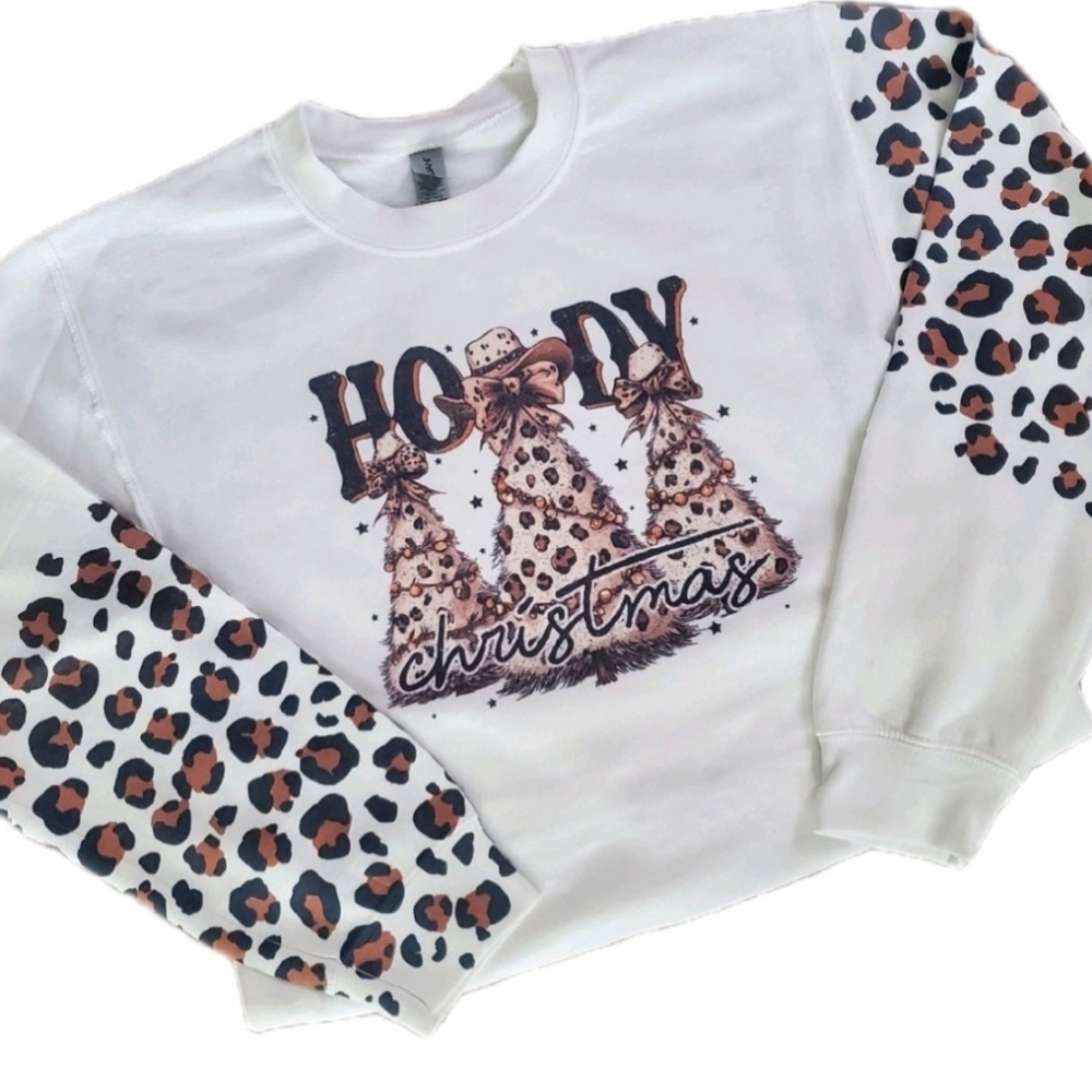 New White Leopard Print Howdy Christmas Sweatshirt